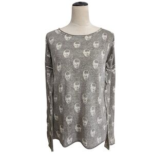 Skull Cashmere Gray Skull Print Cotton Pullover Sweater Top Sz S